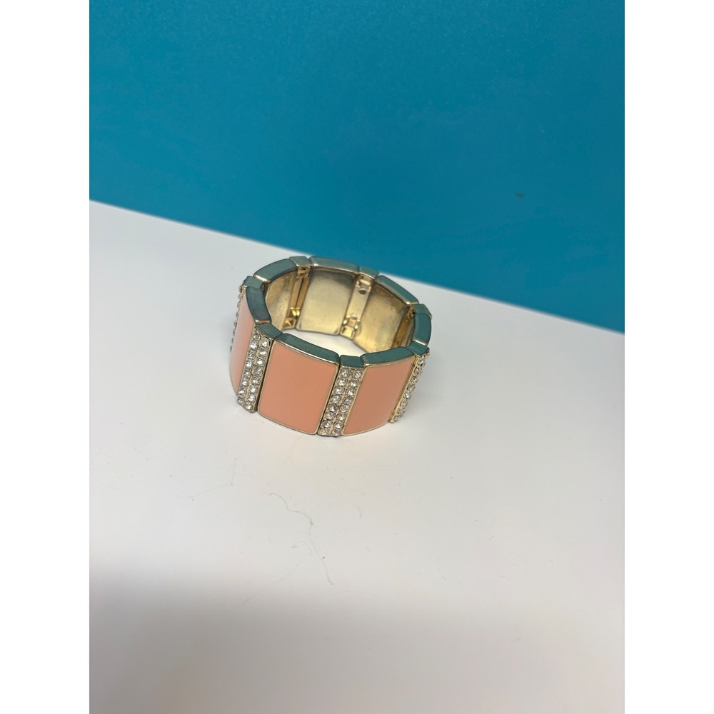 Peach Enamel and Rhinestone Gold Tone Stretch Bracelet Geometric Cuff